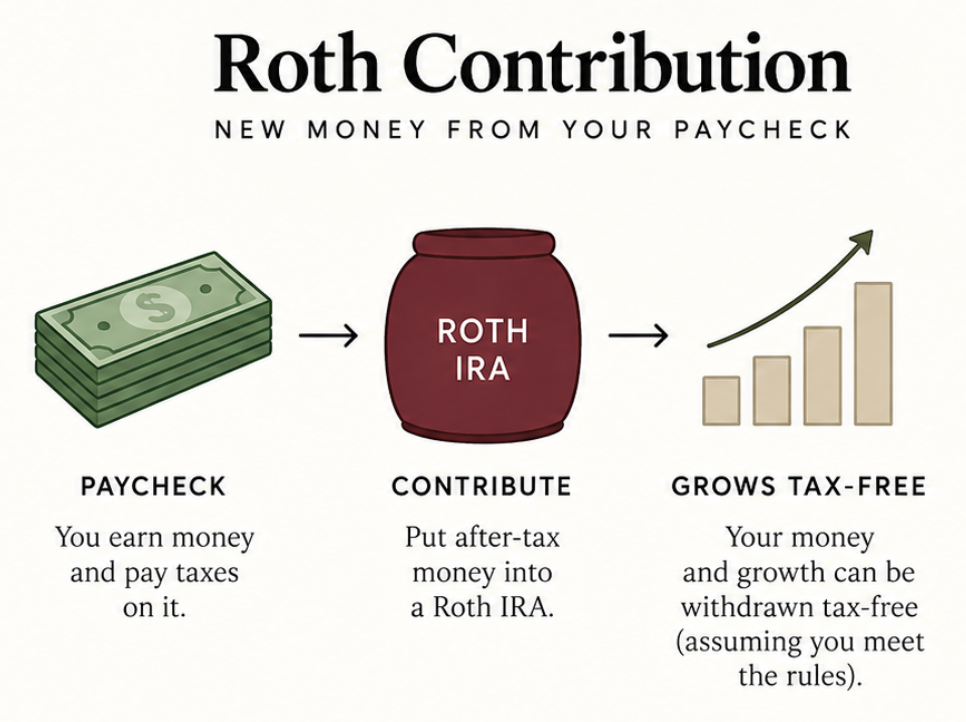 Roth contribution: new money from your paycheck. You earn money and pay taxes on it, put that after-tax money into a Roth IRA, and your money and its growth can be withdrawn tax-free, assuming you meet the rules.