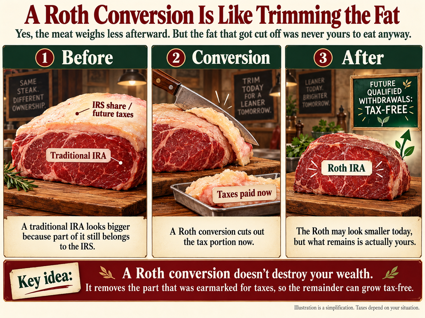 A Roth conversion is like trimming the fat. Before: a Traditional IRA looks bigger because part of it still belongs to the IRS. Conversion: a Roth conversion cuts out the tax portion now. After: the Roth may look smaller today, but what remains is actually yours. Key idea: a Roth conversion doesn’t destroy your wealth; it removes the part that was earmarked for taxes, so the remainder can grow tax-free.